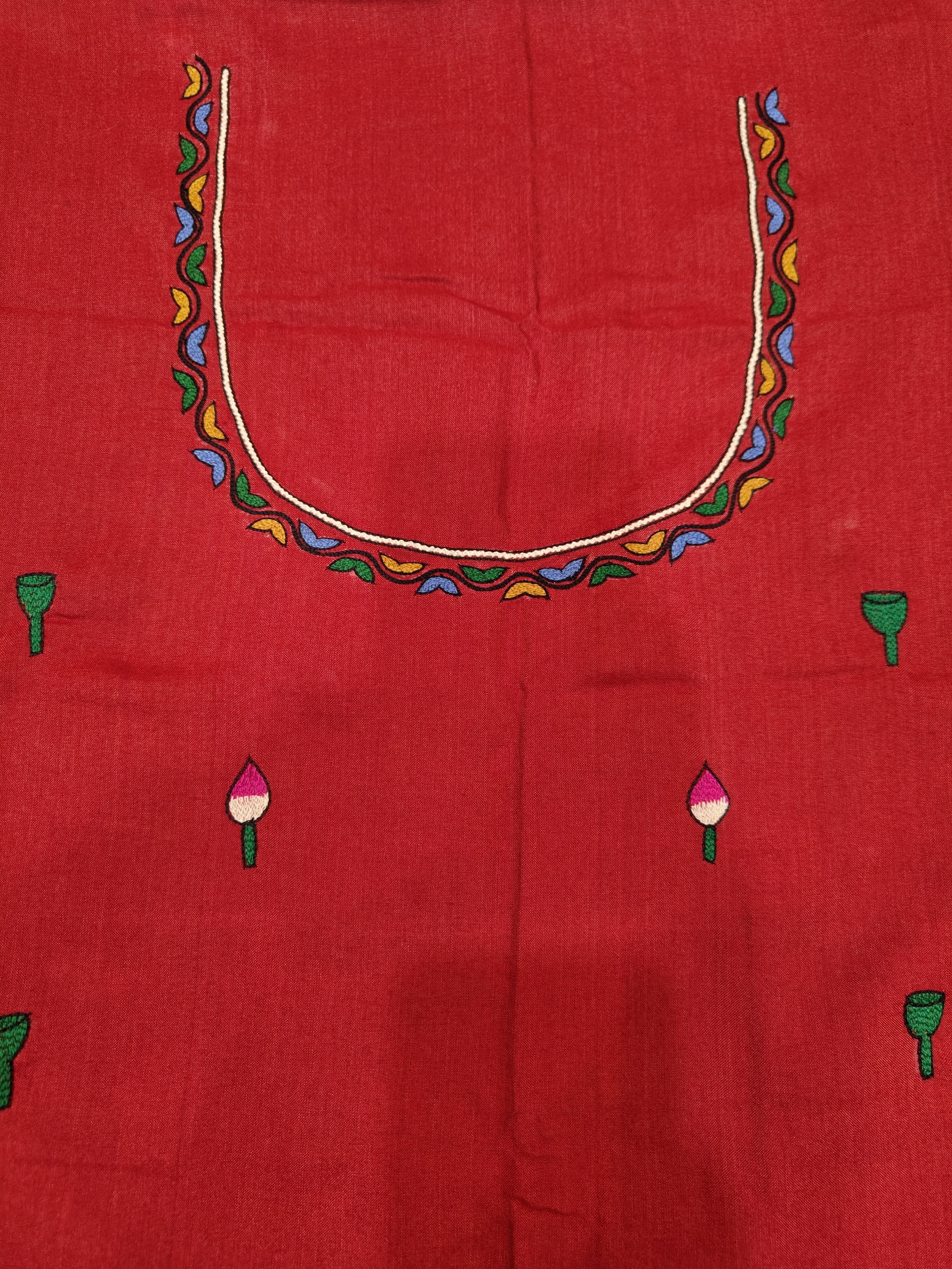 Hand-Embroidered Devotion: Folk Art Blouse Piece on Half Tussar Silk